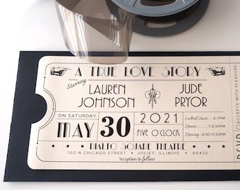 Vintage Art Deco Metallic Quartz Movie Theater Ticket Wedding Invitation Printed with Tear Away RSVP and Envelope