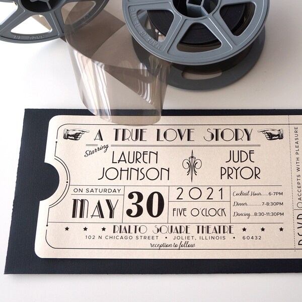 Vintage Art Deco Metallic Quartz Movie Theater Ticket Wedding Invitation Printed with Tear Away RSVP and Envelope