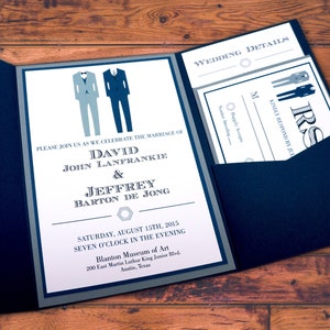 Two Suits Formal Pocket Fold Wedding Invitations PRINTED image 1