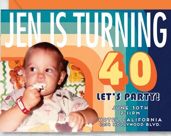 Personalized with Photo Invitation for 40th, 50th, 60th Birthday Retro Themed Birthday Party Printable Design