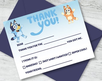 Printable Fill in the Blank Bluey and Bingo Thank You Note for Kids : Instant Download