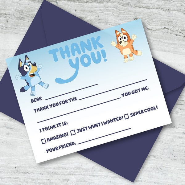 Printable Fill in the Blank Bluey and Bingo Thank You Note for Kids : Instant Download
