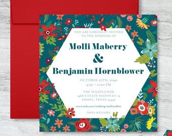 Bright Colorful Fun Hexagon Floral Wedding Invitation with RSVP card