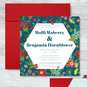 Heldere kleurrijke leuke zeshoekige bloemenhuwelijksuitnodiging met RSVP-kaart PRINTED