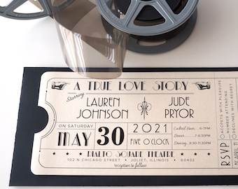 Vintage Art Deco Metallic Quartz Movie Theater Ticket Wedding Invitation with Tear Away RSVP and Envelope