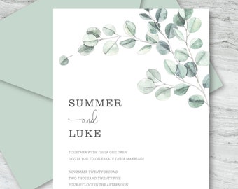 Simple Eucalyptus Greenery Wedding Invitation with RSVP : Digital Design