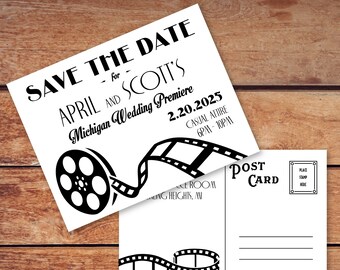Movie Reel Save the Date Postcard, Movie Theme, Hollywood Wedding Custom DIGITAL DESIGN