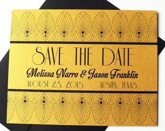 Save the Date: Old Hollywood, Art Deco Metallic Gold Card with Envelope PRINTED