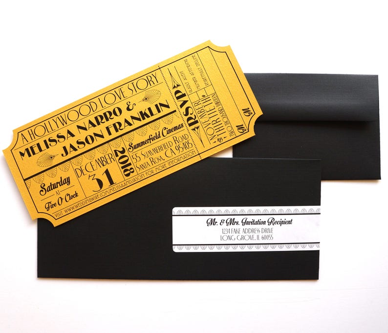 Old Hollywood, Art Deco, Gold Movie Ticket Invitation SAMPLE image 1