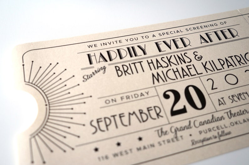 Vintage Art Deco Starburst, Old Hollywood Movie Ticket Wedding Invitation DIGITAL DESIGN image 2