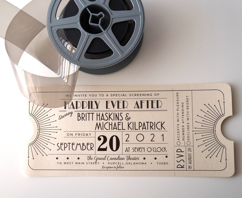 Vintage Starburst Art Deco, Old Hollywood Movie Ticket Wedding Invitation SAMPLE image 1