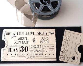 Vintage Art Deco Metallic Quartz Movie Theater Ticket Wedding Invitation SAMPLE