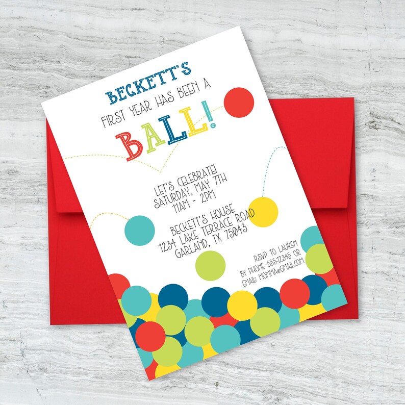 First Year Has Been A Ball Birthday Invitation, Colorful Birthday, Kid's Birthday, First Birthday, Printable DIGITAL DESIGN image 1