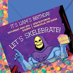 Skeletor verjaardagsuitnodiging: Retro 80s Cartoon He-Man verjaardagsthema AFDRUKBAAR ONTWERP