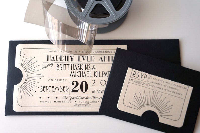 Vintage Art Deco Starburst, Old Hollywood Movie Ticket Wedding Invitation DIGITAL DESIGN image 1