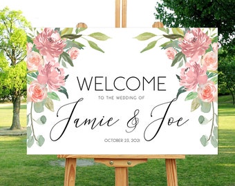 Wedding Welcome Sign, Watercolor Floral Blush Bouquet : Printable Design in Size of Choice