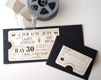 Vintage Art Deco Metallic Quartz Movie Theater Ticket Wedding Invitation SAMPLE