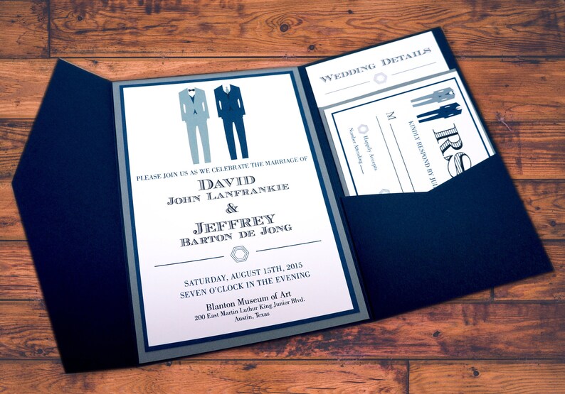 Two Suits Formal Pocket Fold Wedding Invitations PRINTED image 1
