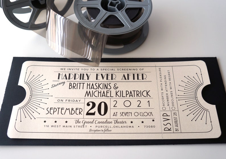 Vintage Starburst Art Deco, Old Hollywood Movie Ticket Wedding Invitation SAMPLE image 4