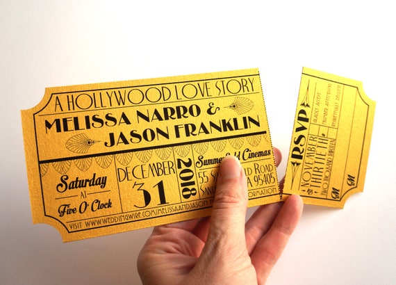 Old Hollywood Art Deco Gold Movie Ticket Wedding Invitation Etsy