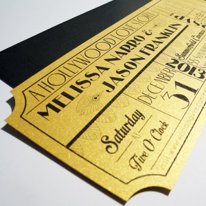 Convite de casamento com ingresso para filme Old Hollywood, Art Déco e dourado metálico