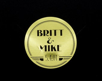 Art Deco, Old Hollywood Metallic Gold Personalized Wedding, Save the Date, Round Stickers, Set of 30, Free Shipping