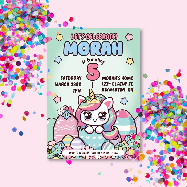 Spring Unicorn Princess Kawaii Birthday Party Invitation Printable Design image 2