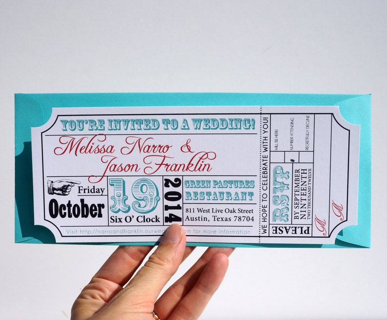 Movie Ticket Wedding Invitation with Envelopes PRINTED image 1