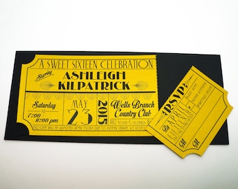 Old Hollywood, Art Deco, Gold Movie Ticket Birthday Invitation