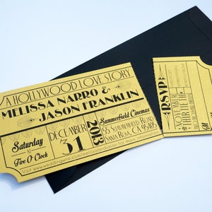 Old Hollywood, Art Deco, Metallic Gold Movie Ticket Wedding Invitation image 3