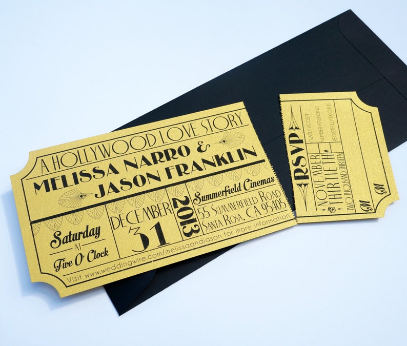 Old Hollywood, Art Deco, Metallic Gold Movie Ticket Wedding Invitation image 3