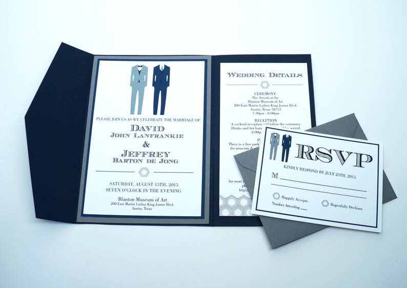 Two Suits Formal Pocket Fold Wedding Invitations PRINTED image 4