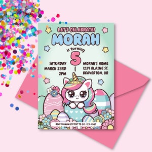 Spring Unicorn Princess Kawaii Birthday Party Invitation Printable Design image 1