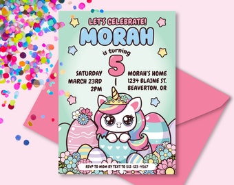 Spring Unicorn Princess Kawaii Birthday Party Invitation Printable Design