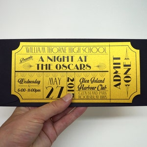 Old Hollywood, Art Deco, Red Carpet, Gold Movie Ticket Prom Invitation