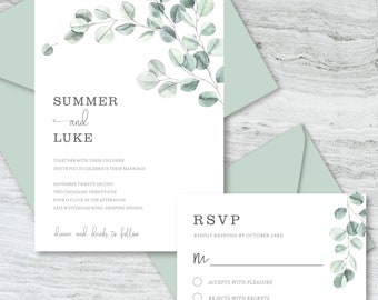 Simple Eucalyptus Greenery Wedding Invitation with RSVP PRINTED