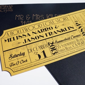 Old Hollywood, Art Deco, Metallic Gold Movie Ticket Wedding Invitation image 5