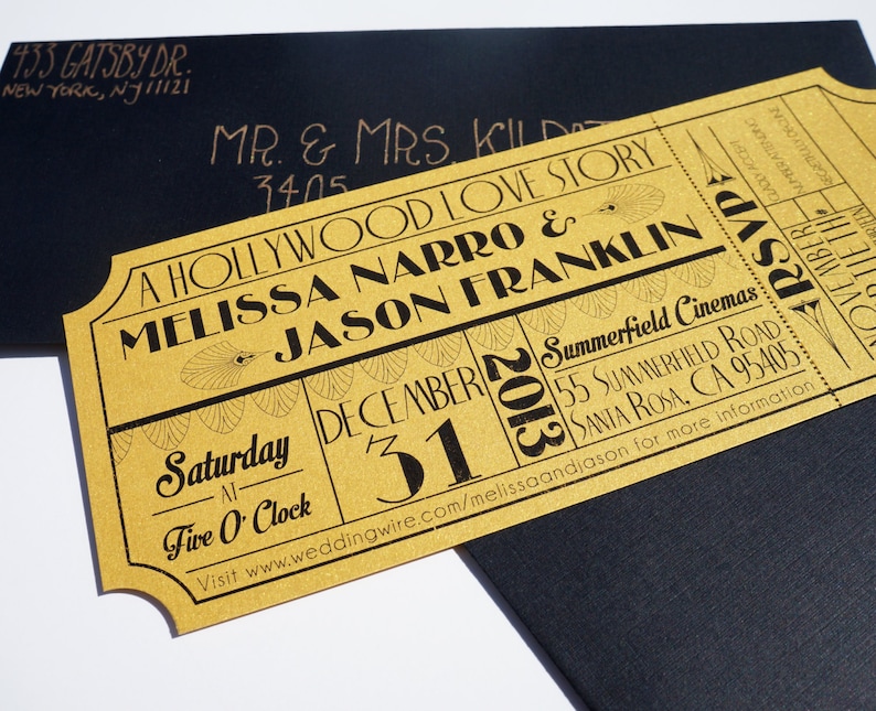 Old Hollywood, Art Deco, Metallic Gold Movie Ticket Wedding Invitation image 5