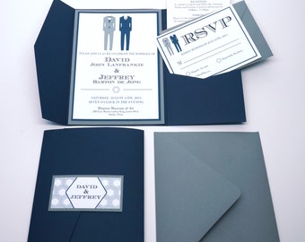 Two Suits Formal Pocket Fold Wedding Invitation SAMPLE