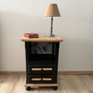 Black and wood bedside table