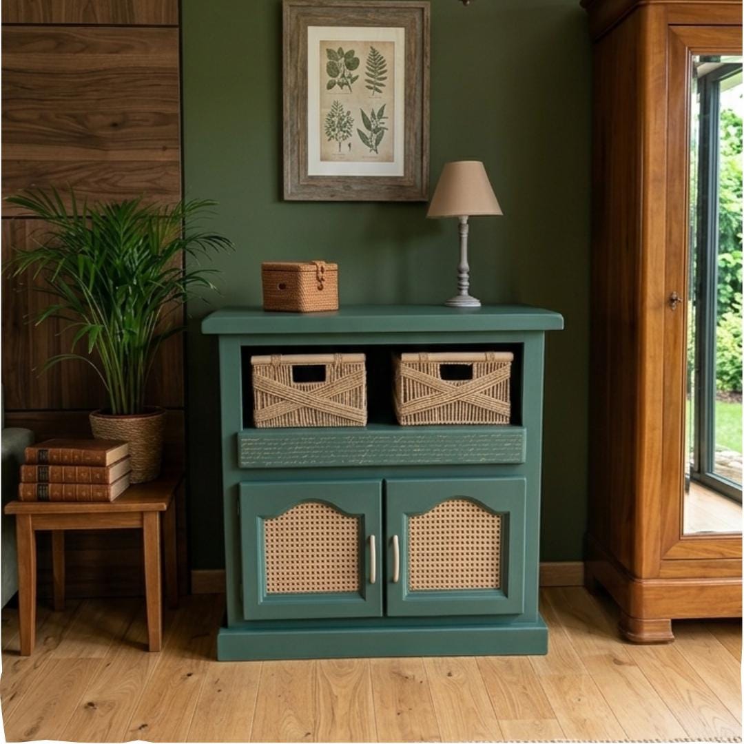 Meuble Bas Vert Avec Cannage Et Manuscrit Doré - Tv Buffet