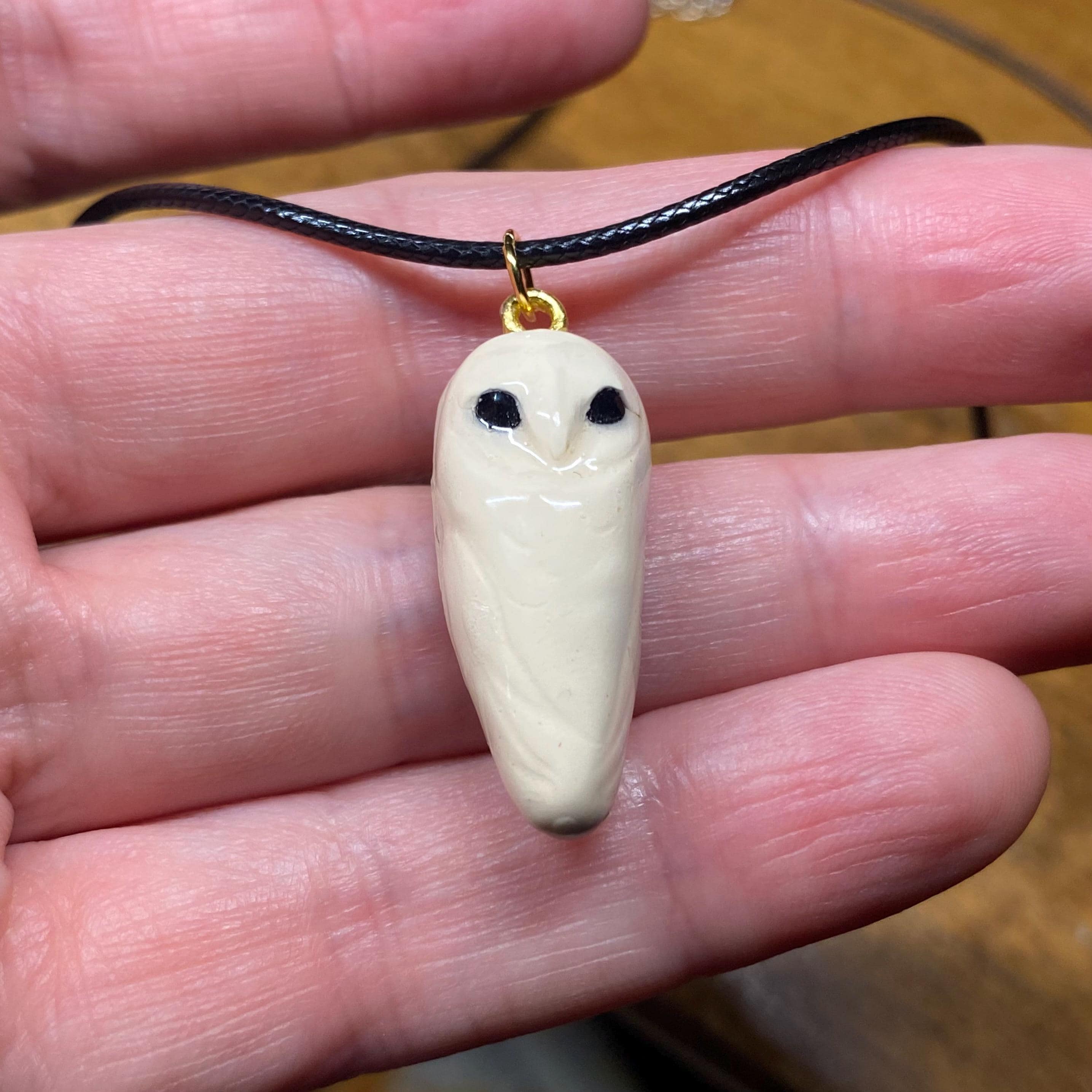 Ivory Clay Minimalist Barn Owl Pendant: Boho Handmade Bird Necklace