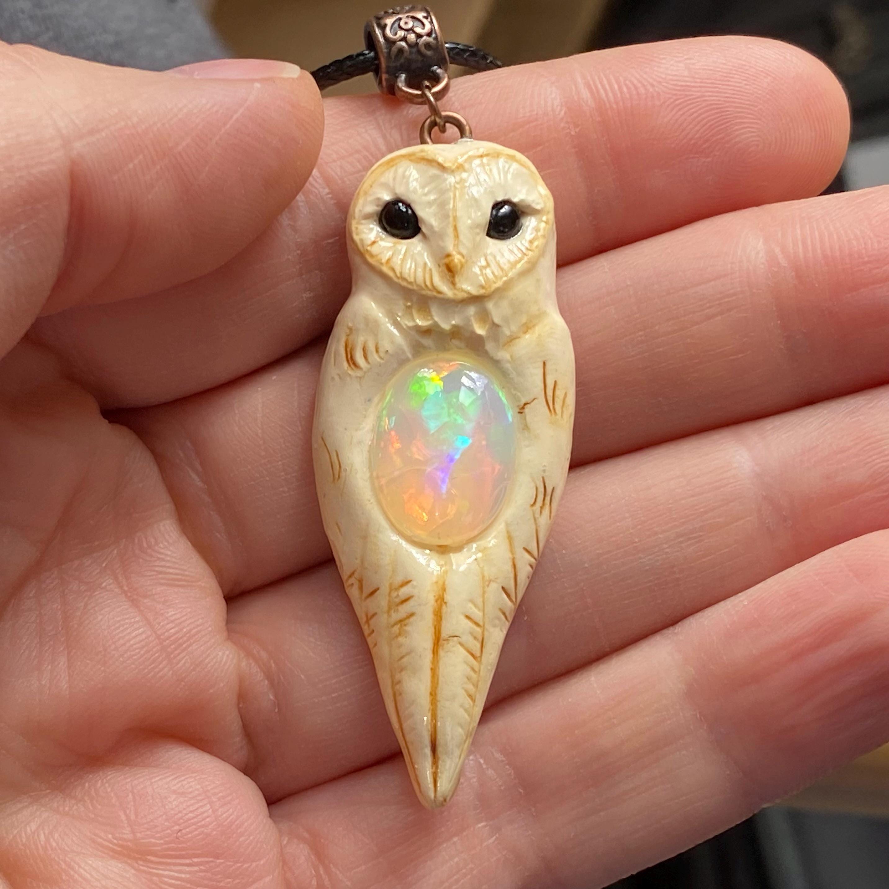 Ivory Clay Barn Owl Totem Pendant with Natural Opal: Boho Animal Jewelry