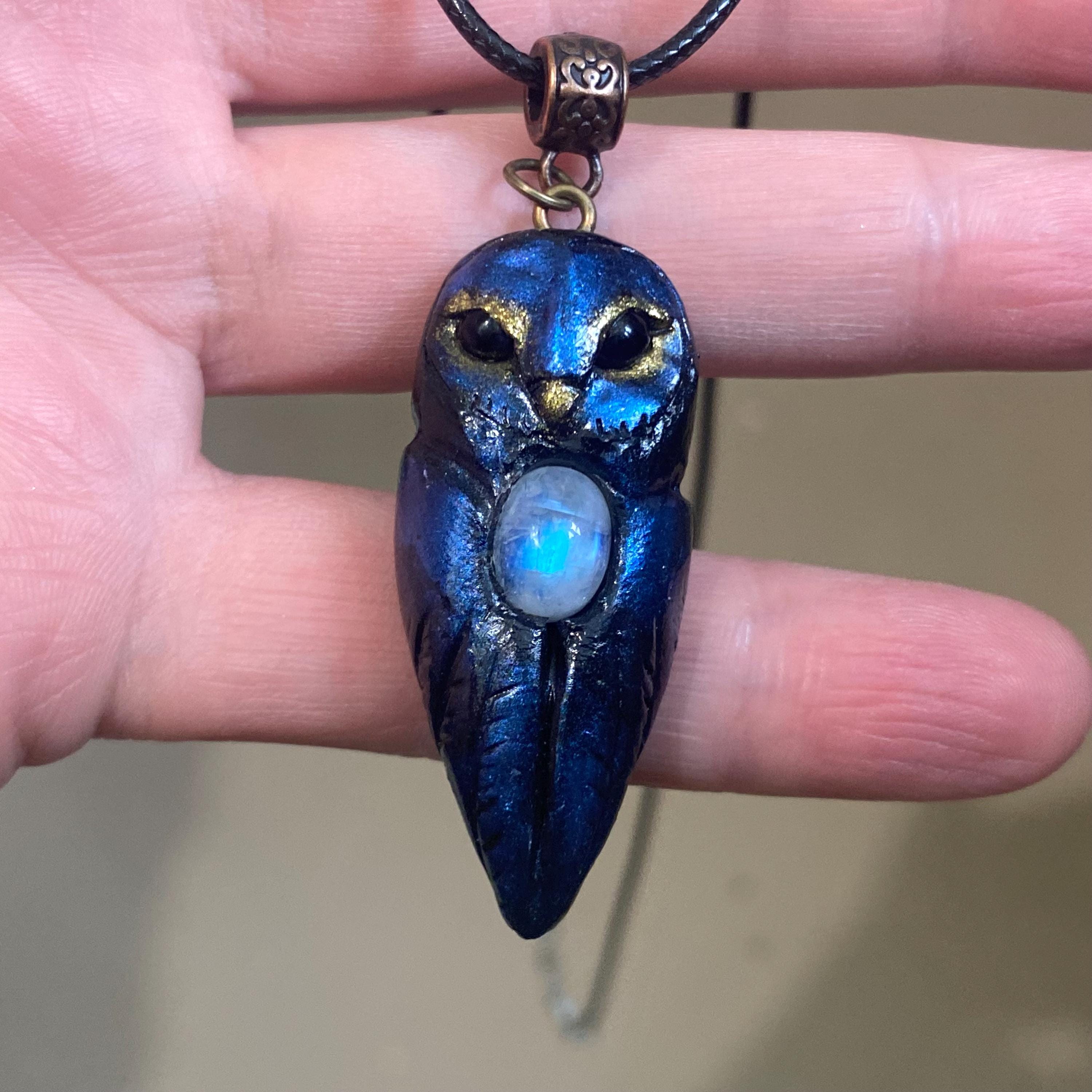 Black Clay Barn Owl Totem Pendant with Natural Rainbow Moonstone: Boho Animal Jewelry
