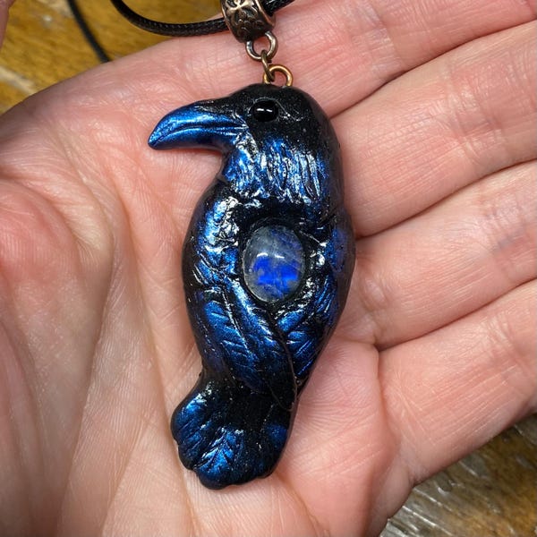 Black Clay Raven Pendant with Rainbow Moonstone: Handmade Boho Bird Jewelry