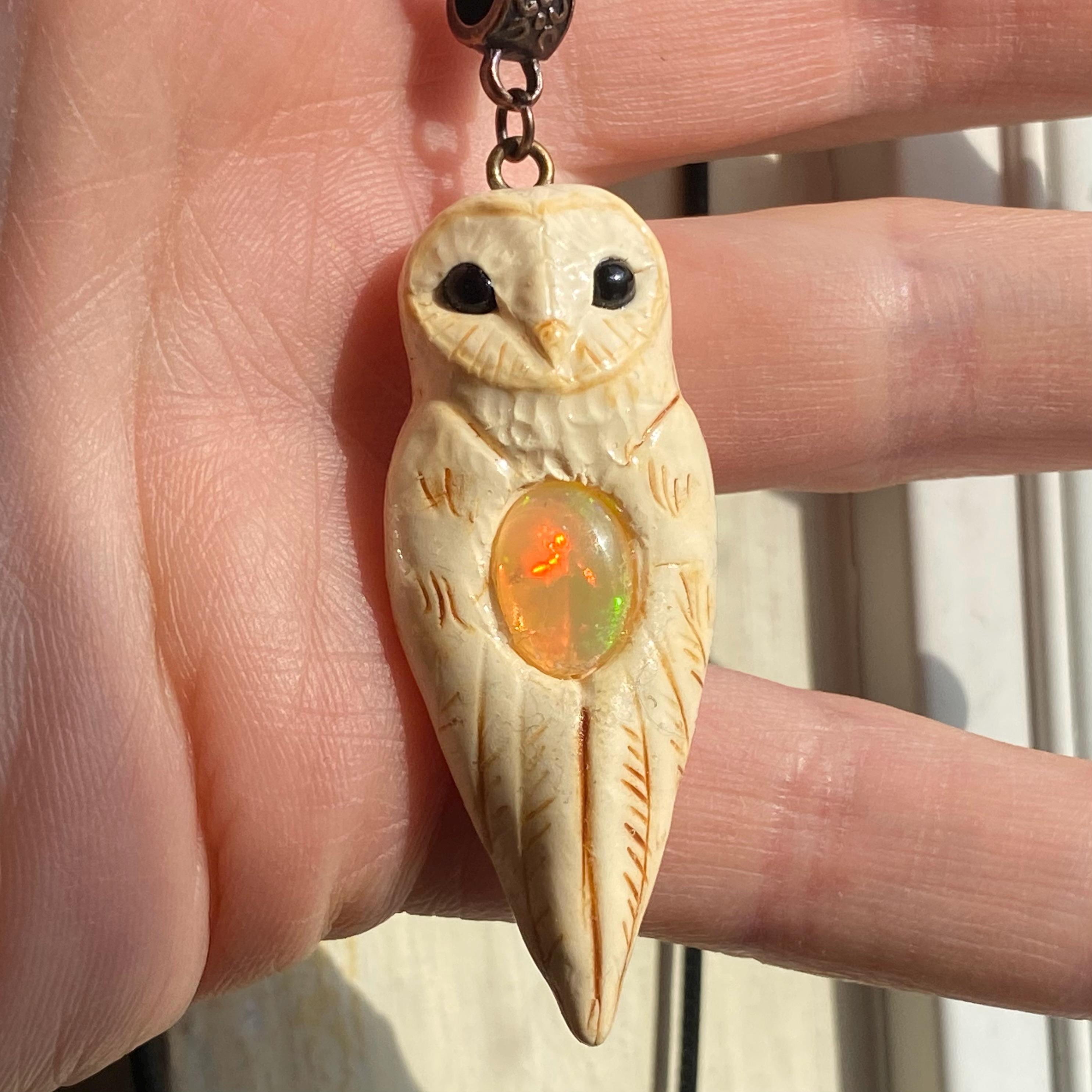 Ivory Clay Barn Owl Totem Pendant with Natural Opal: Boho Animal Jewelry