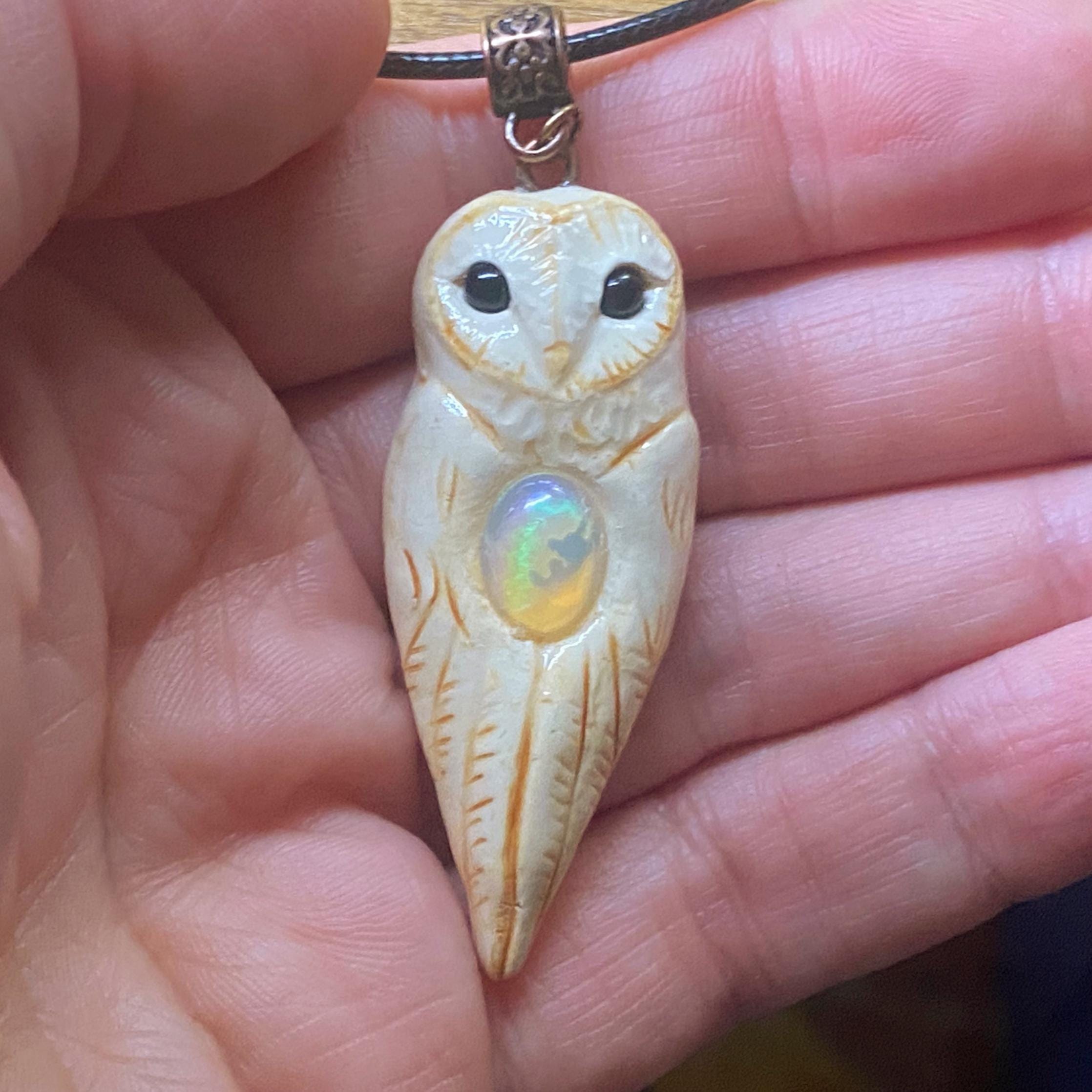 Ivory Clay Barn Owl Totem Pendant with Natural Opal: Boho Animal Jewelry