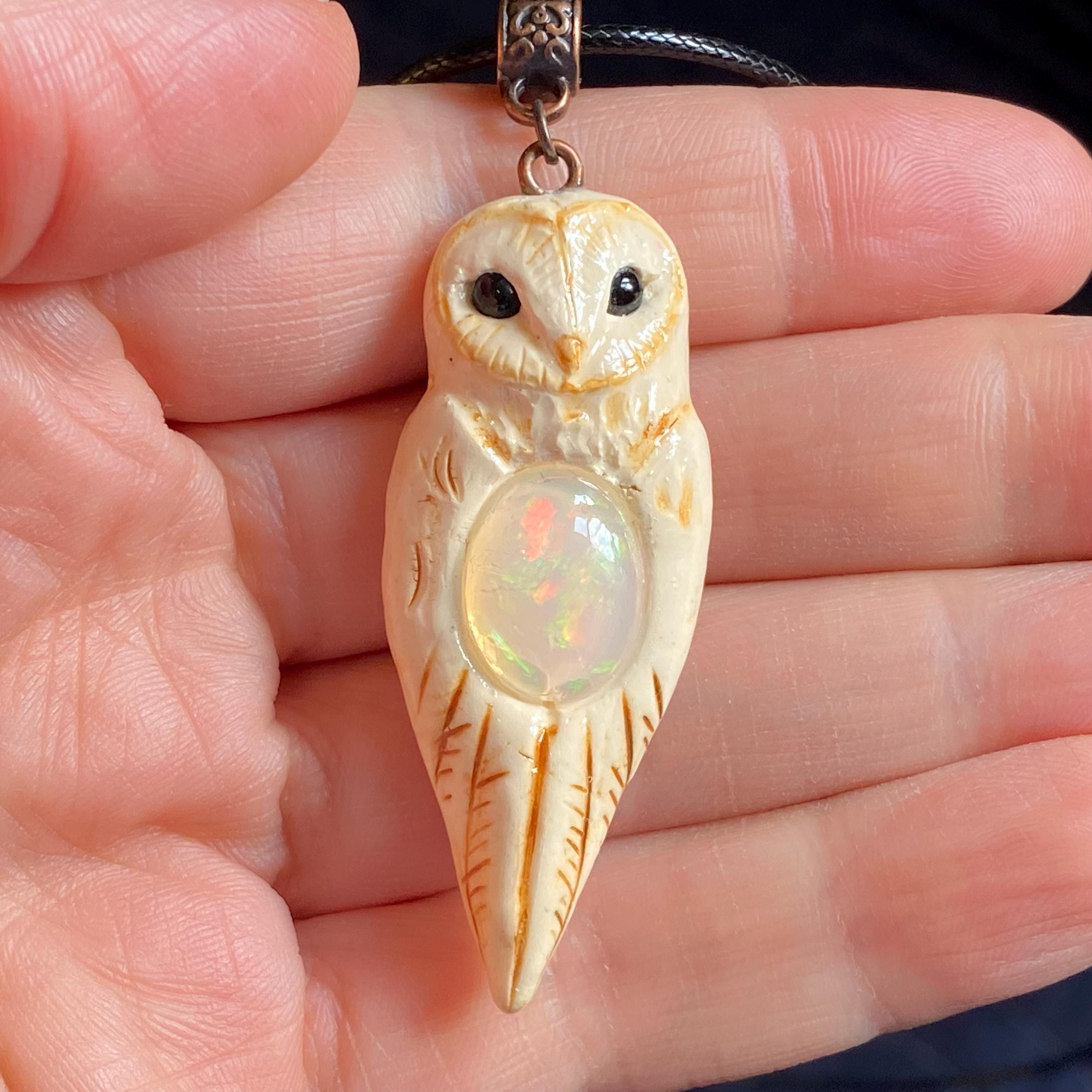 Ivory Clay Barn Owl Totem Pendant with Natural Opal: Boho Animal Jewelry