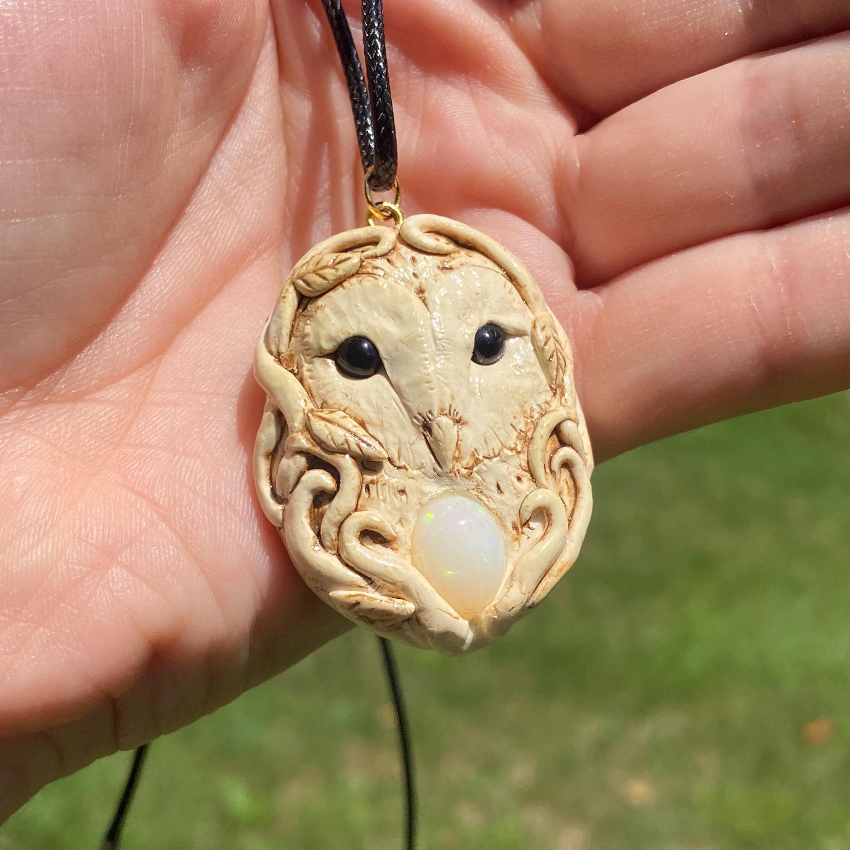 Cute Ivory Clay Barn Owl Spirit Face Pendant with Vines and Opal - Handmade Bird Necklace, Boho Animal Jewelry