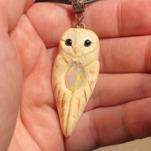 Ivory Clay Barn Owl Totem Pendant with Natural Opal: Boho Animal Jewelry